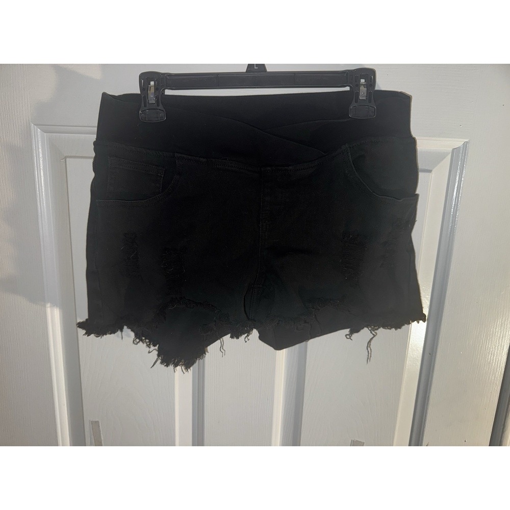 Women's Black Distressed Denim Shorts Size Large Raw Hem Stretch High Rise - Picture 1 of 5